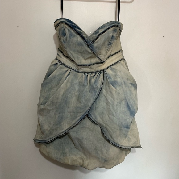 Vintage Late 80s Early 90s Guess Strapless Acid Wash Denim Bubble Mini Dress - Picture 3 of 9